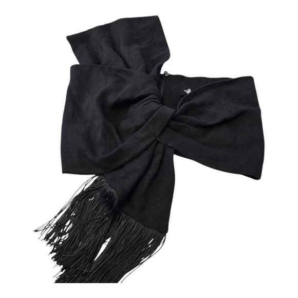 Just BEE Queen Luna One Shoulder Fringe Bandeau Crop Top Black Linen Blend L NWT - Picture 2 of 11